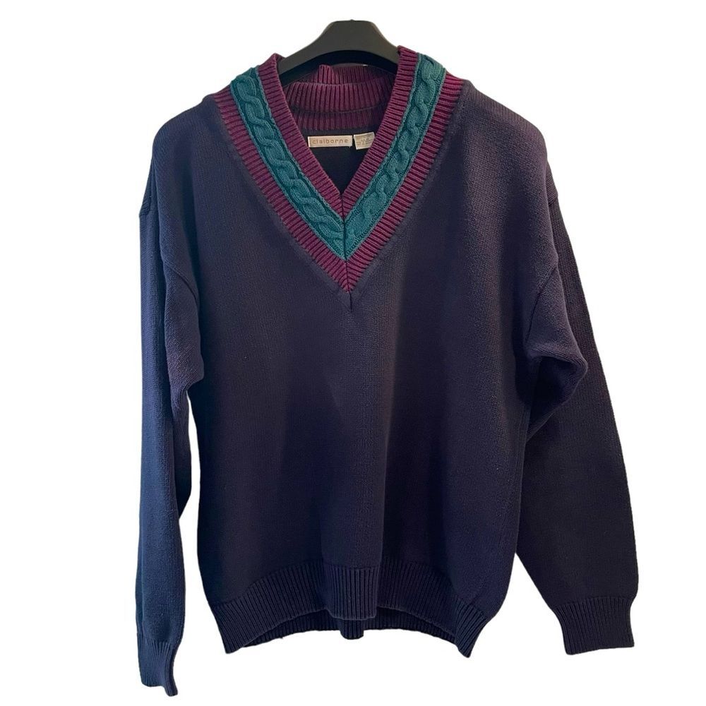 Vintage 90’s Claiborne Men’s V-neck Knit Navy Purple Green Sweater Size Medium